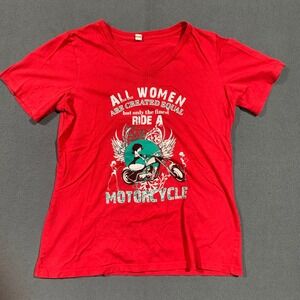 Womens Small Red Motorcycle Graphic V NeckT Shirt Biker Sexy Red Green Christmas
